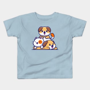 Cute Dog And Cat Playing Cartoon Kids T-Shirt
